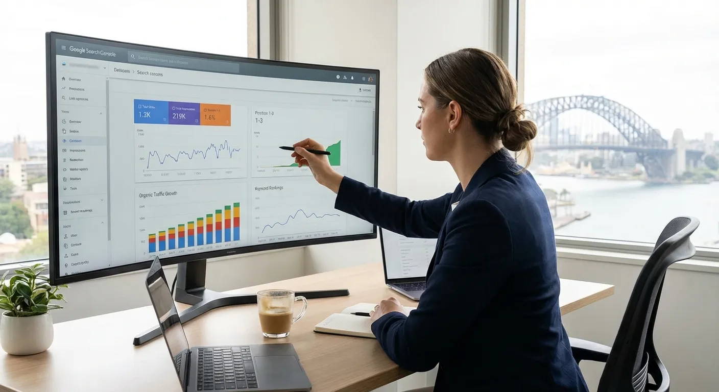 SEO analytics dashboard showing search performance metrics