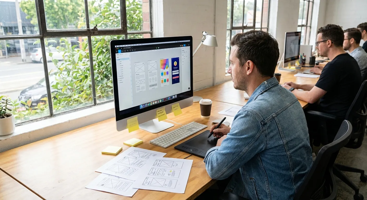 UX design process showing wireframes and user interface elements