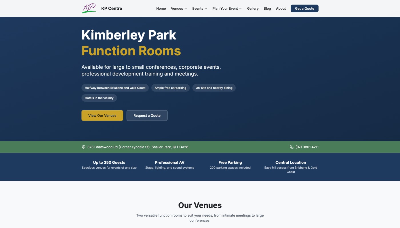 KP Centre - Kimberley Park Function Rooms website screenshot