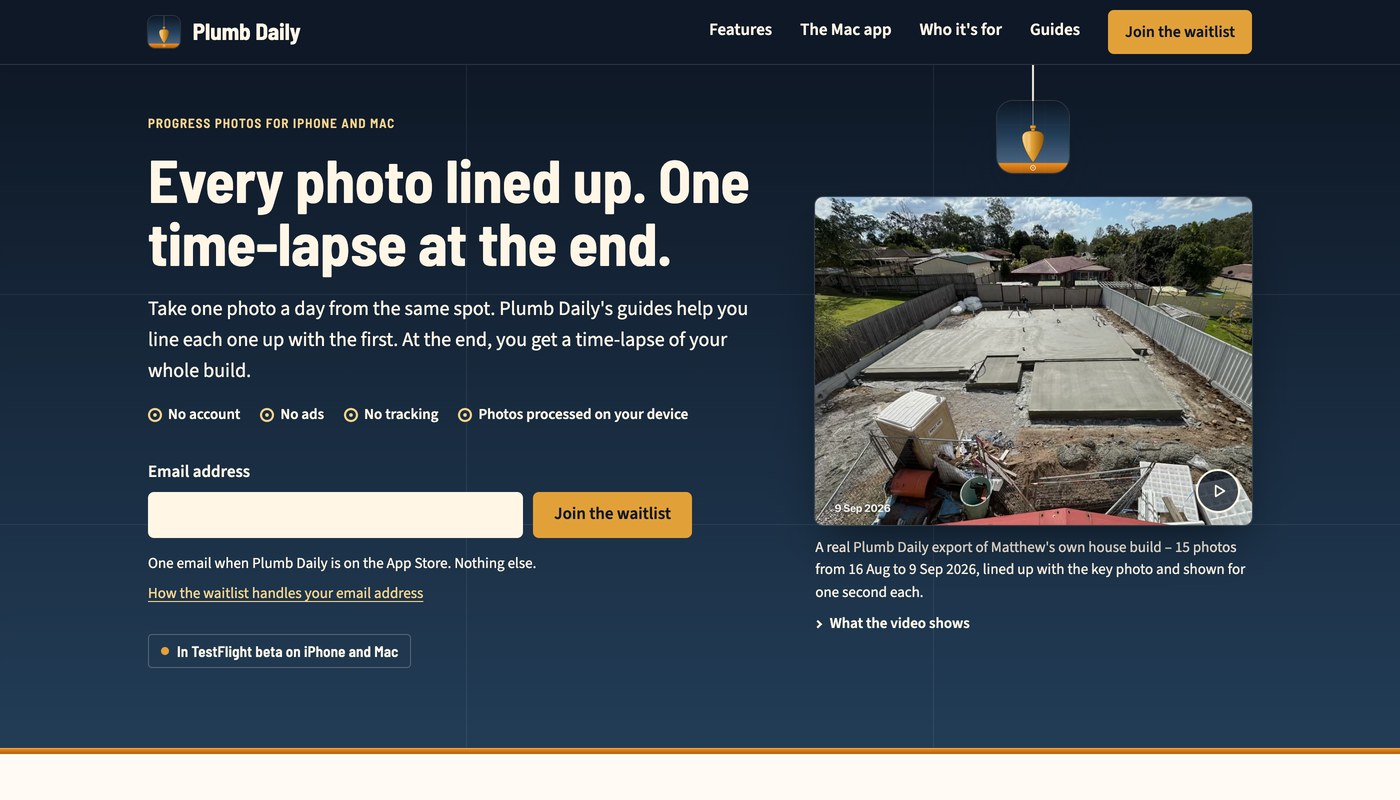 Plumb Daily - Progress Photo App and Website website screenshot