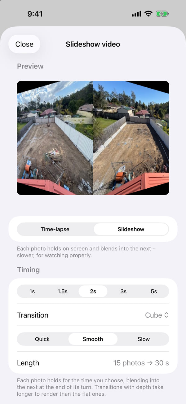 The Slideshow video screen on iPhone. The preview turns like a cube from one photo to the next, above settings for the style, a 2-second hold, the Cube transition and a length of 30 seconds for 15 photos.