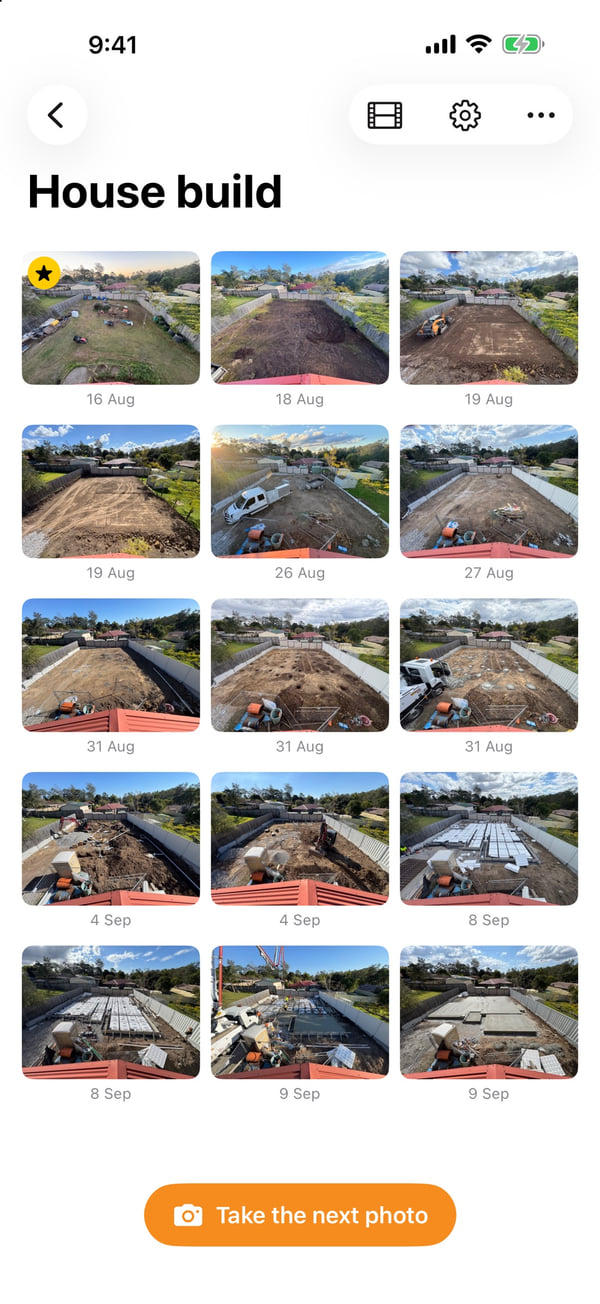 The House build scene on iPhone: a grid of 15 photos from 16 August to 9 September 2026, from a mown backyard to a finished slab, each labelled with its date, and a Take the next photo button.