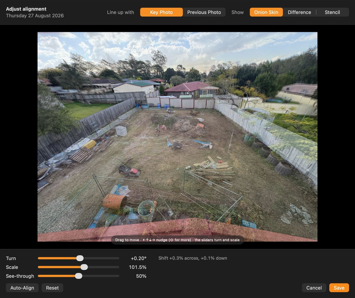 The Adjust alignment sheet in the Plumb Daily Mac app for Thursday 27 August 2026. The day's photo of a cleared backyard lies see-through over the key photo as an onion skin, above sliders for turn, scale and see-through and buttons for Auto-Align, Reset, Cancel and Save.