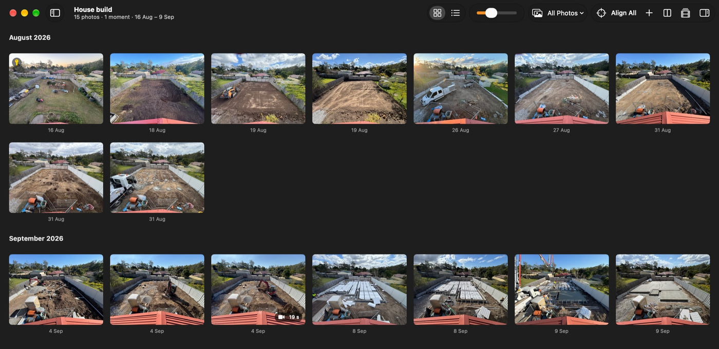 The Plumb Daily Mac app showing the House build scene as a grid of photos under August 2026 and September 2026, including a 19-second moment, with Align All and other buttons in the toolbar.