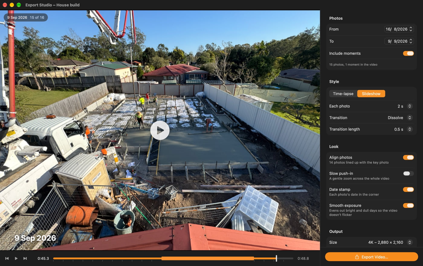 Export Studio in the Plumb Daily Mac app, paused on 9 September 2026 as the slab is poured, with the date stamped in the corner. Settings on the right show 15 photos and 1 moment, a slideshow with a 2-second hold and a Dissolve transition, Align photos, Date stamp and Smooth exposure turned on, and 4K output.