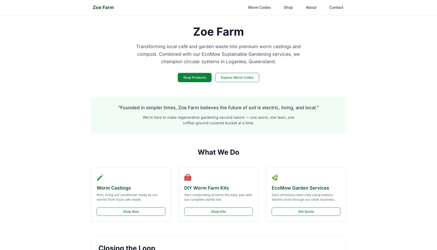 Zoe Farm - Sustainable Composting website screenshot