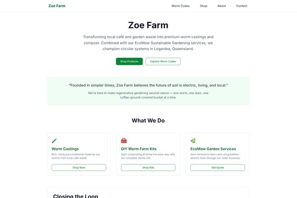 Zoe Farm - Sustainable Composting website screenshot
